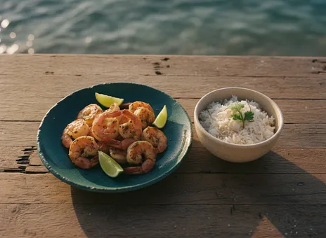 Prato de camarão com limão e uma tigela de arroz sobre mesa de madeira à beira da água