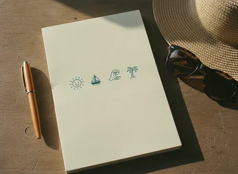 Caderno de anotações, chapéu de palha e óculos escuros sobre a mesa